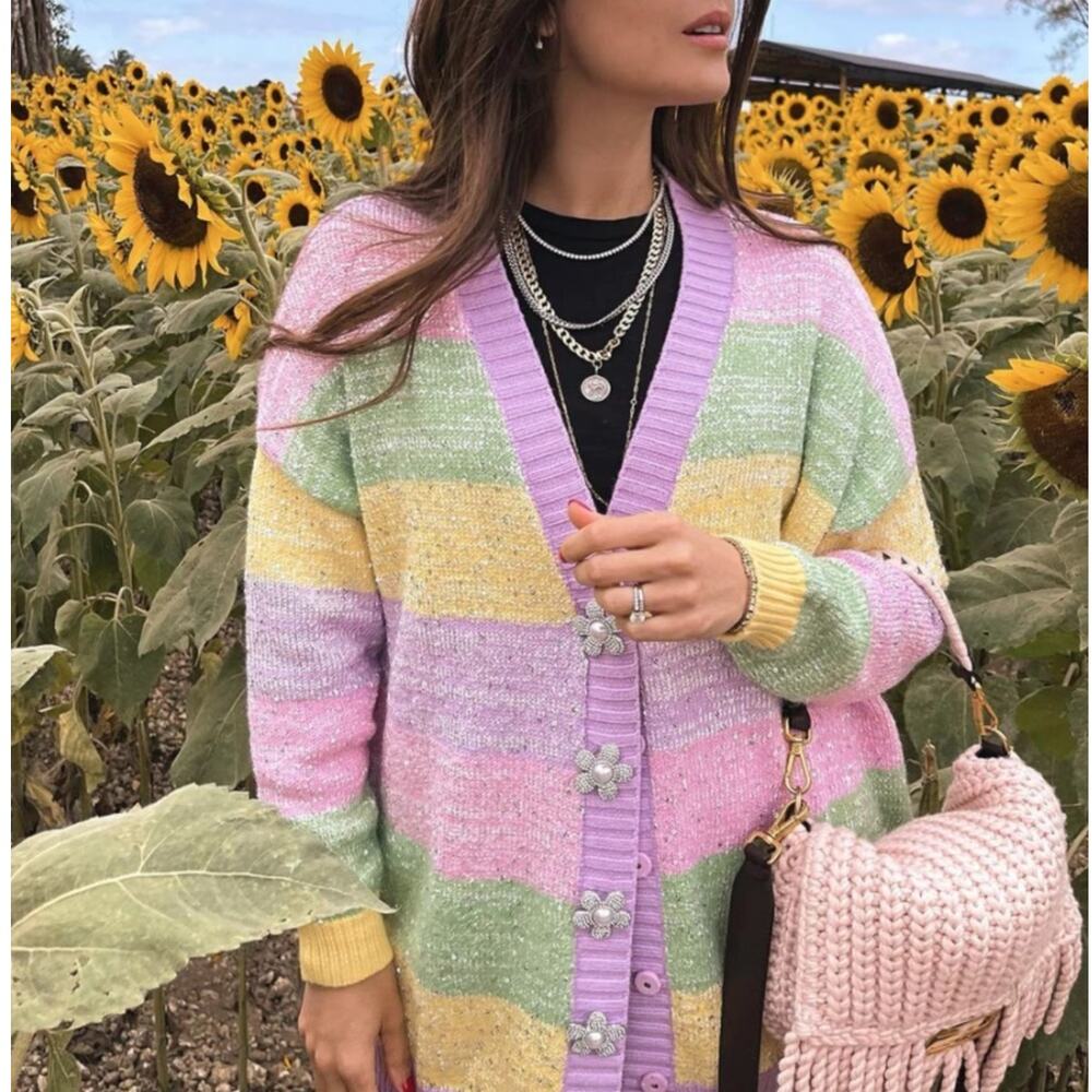 OLIVIA RUBIN Mika Cardigan Sweater Pastel Stripe Sequin Rhinestone Flower {TT15}